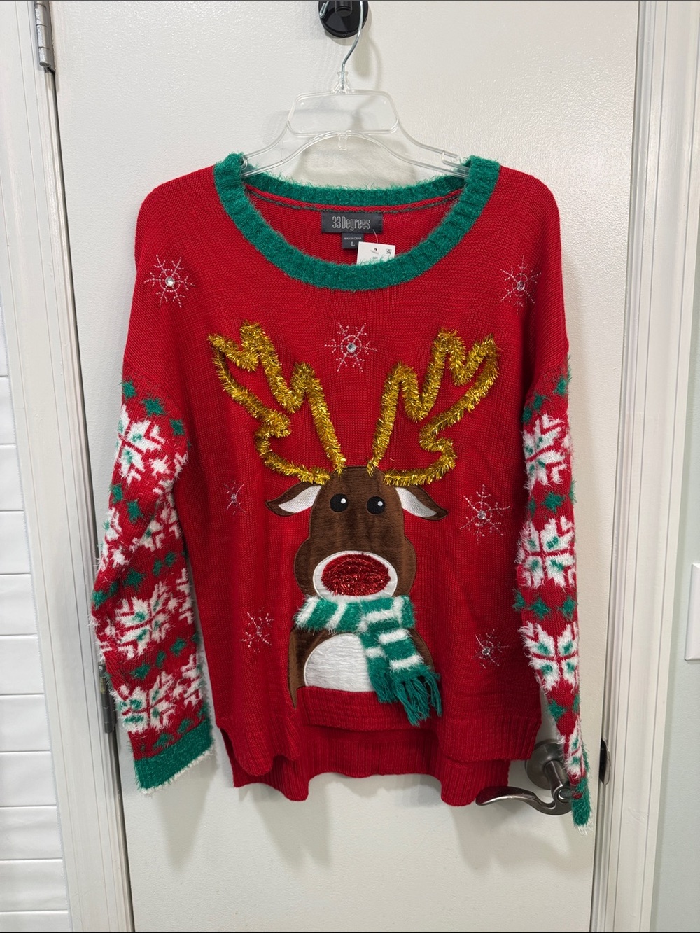 33Degrees Women's Red Reindeer Crewneck Holiday Sweater